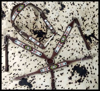 Showman Argentina Leather Beaded Southwest Arrow Design 3 Piece Headstall and Breastcollar Set #2